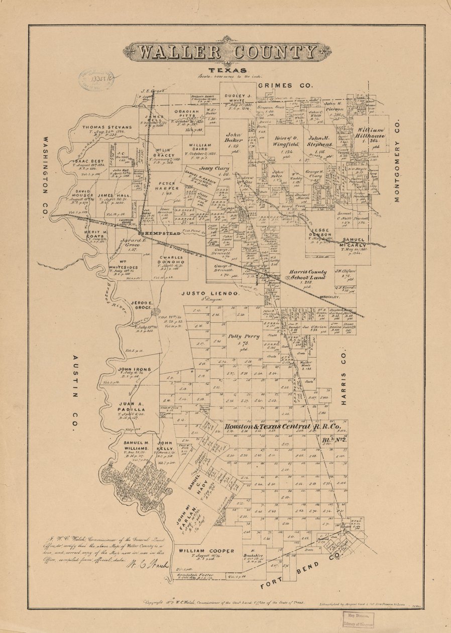 Hrabstwo Waller w Teksasie. autorstwa W. C. Texas. General Land Office; Walsh
