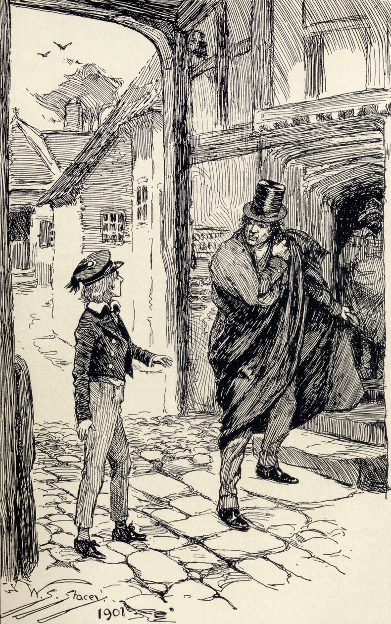 Oliver spotyka tajemniczego nieznajomego, z "Przygód Olivera Twista" Charlesa Dickensa, 1901 autorstwa W.S. Stacey