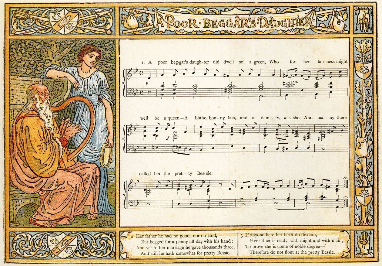 „Córka biednego żebraka”, ilustracja do piosenki z „Pan-Pipes”, Księga starych pieśni w nowej aranżacji iz akompaniamentami Theo. Marzials, opublikowane w Londynie przez George