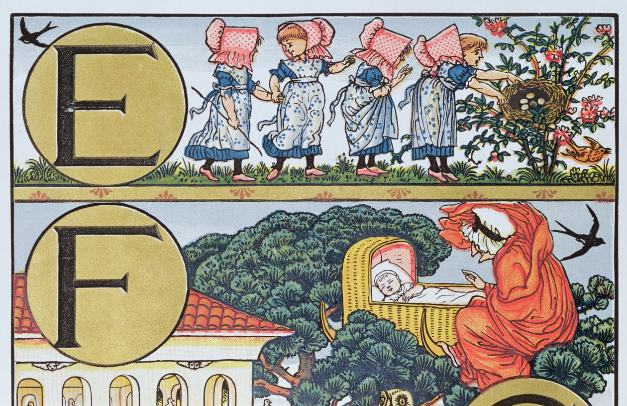 E-F، له الفبا څخه د نرسري نظمونو (رنګ نقاشي) پولي پر بنسټ autorstwa Walter Crane