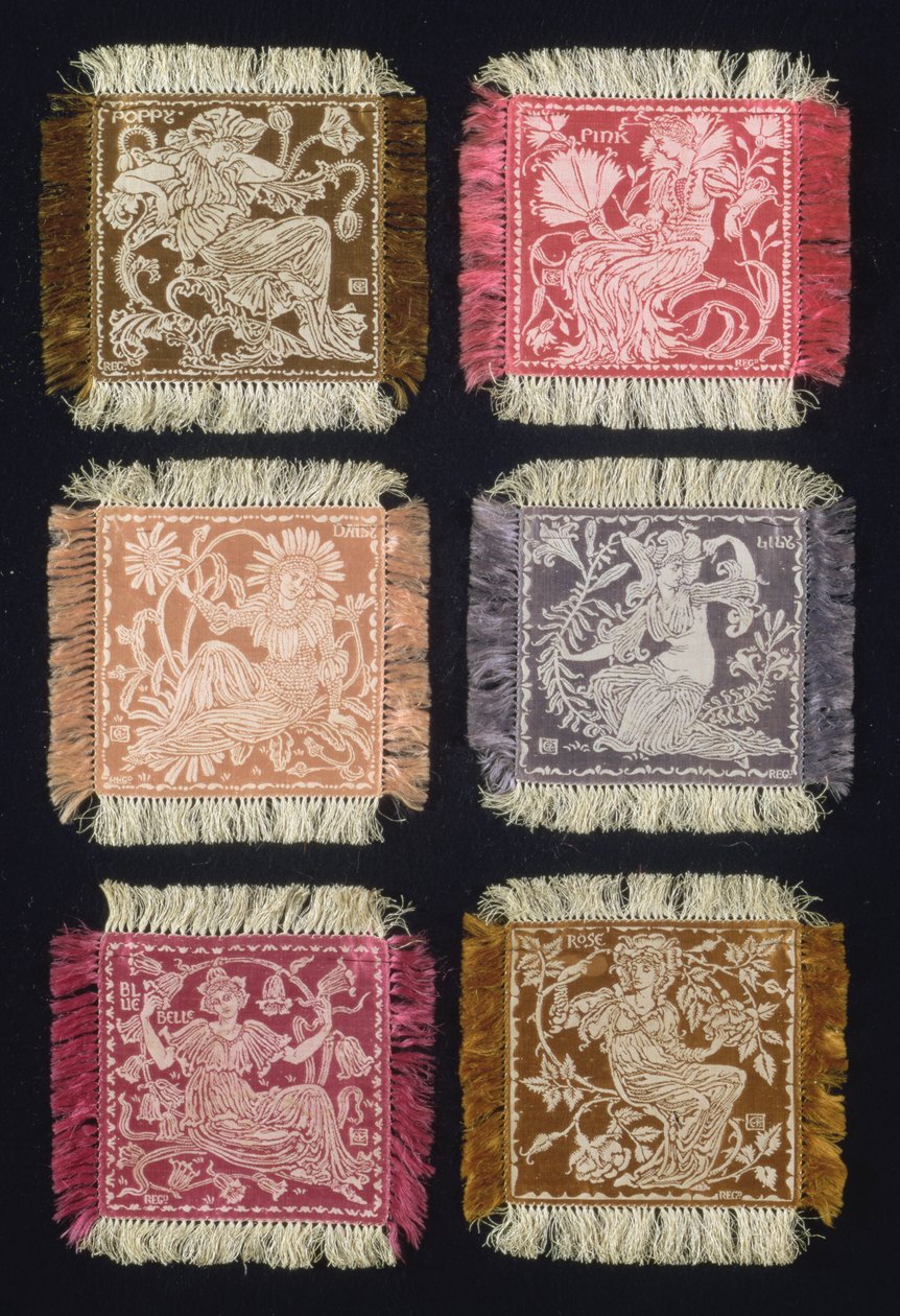 Floras Retinue, zestaw sześciu serwetek deserowych, Rose, Lily, Daisy, Poppy, Pink i Bluebell, wyprodukowanych przez John Wilson & Sons, 1893 (adamaszek jedwabny) autorstwa Walter Crane