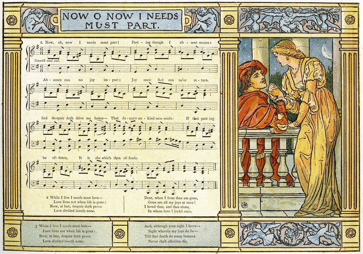 „Now, Oh, Now, I Needs Must Part”, ilustracja do piosenki z „Pan-Pipes”, A Book of Old Songs, Newly Aranżacje iz akompaniamentami Theo. Marzials, opublikowane w Londynie przez George Routledge und Sons, 18 autorstwa Walter Crane