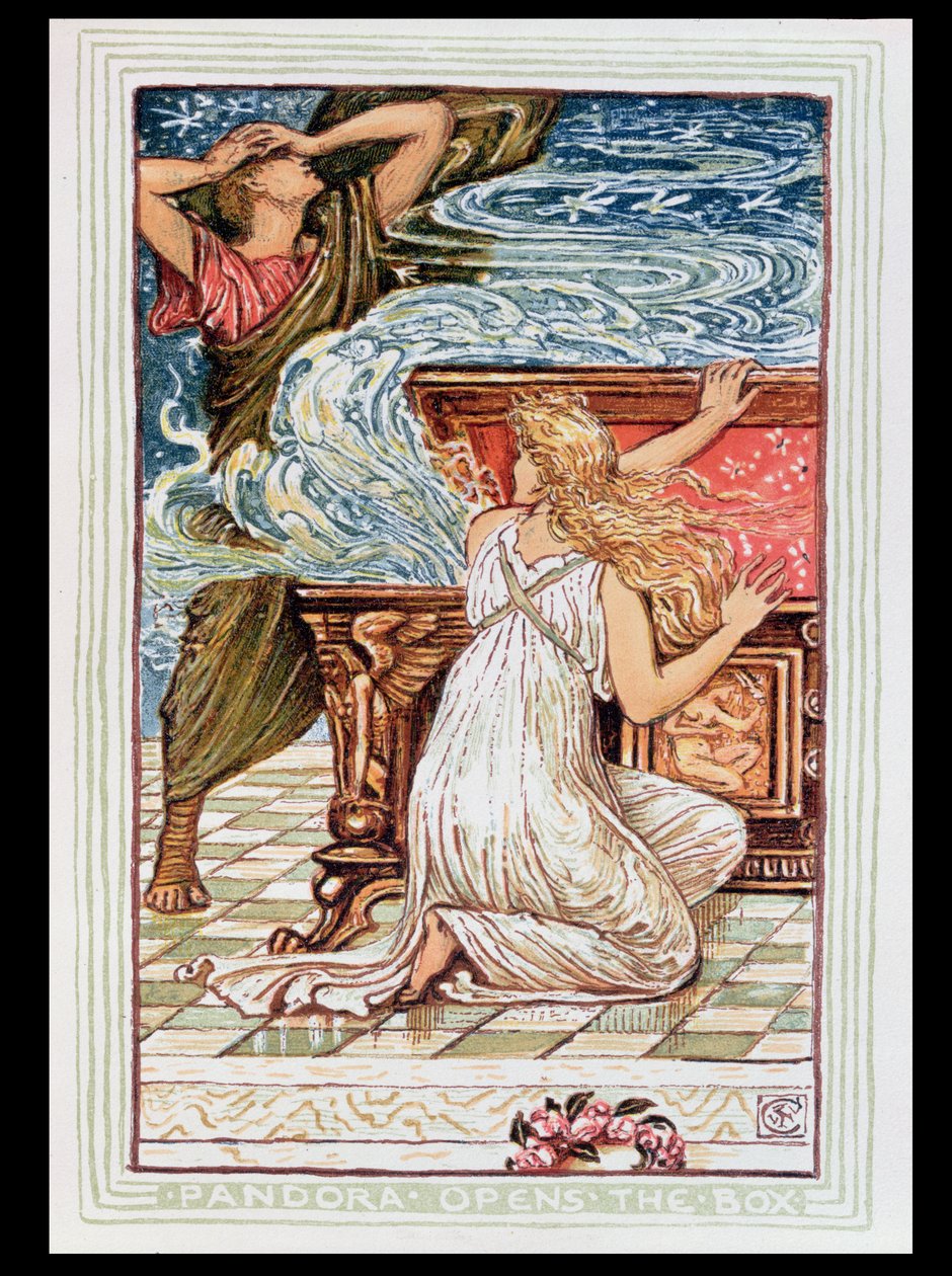 Pandora otwiera pudełko, ilustracja do „Greckiej legendy mitologicznej”, wydanej w 1910 r. autorstwa Walter Crane