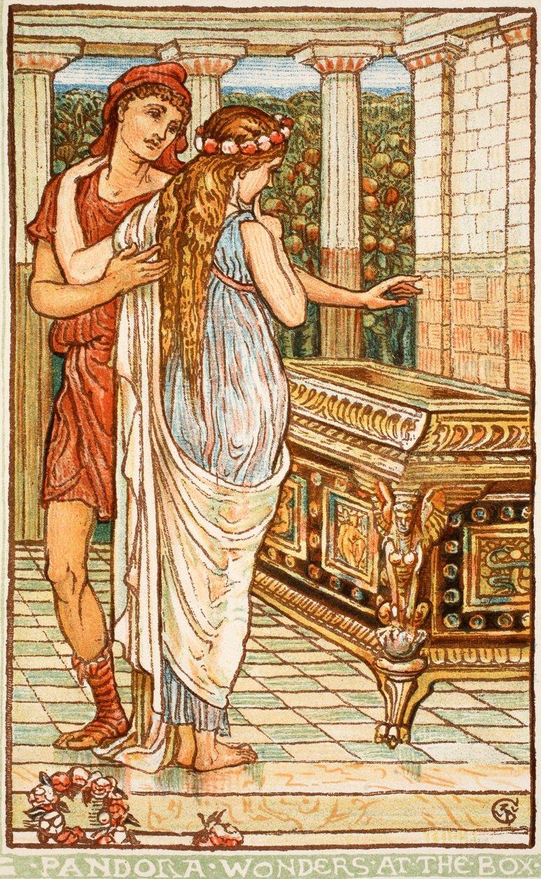 Pandora zastanawia się nad pudełkiem, ilustracja z 