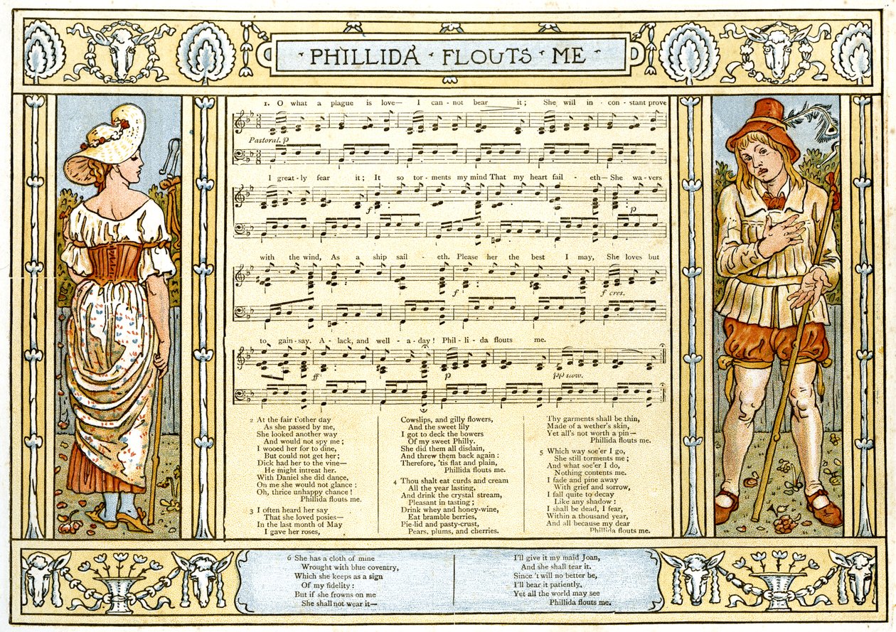 „Phillida drwi ze mnie, co za plaga to miłość”, ilustracja do piosenki z „Pan-Pipes”, Księgi starych pieśni w nowej aranżacji iz akompaniamentami Theo. Marzials, opublikowane w Londynie przez George