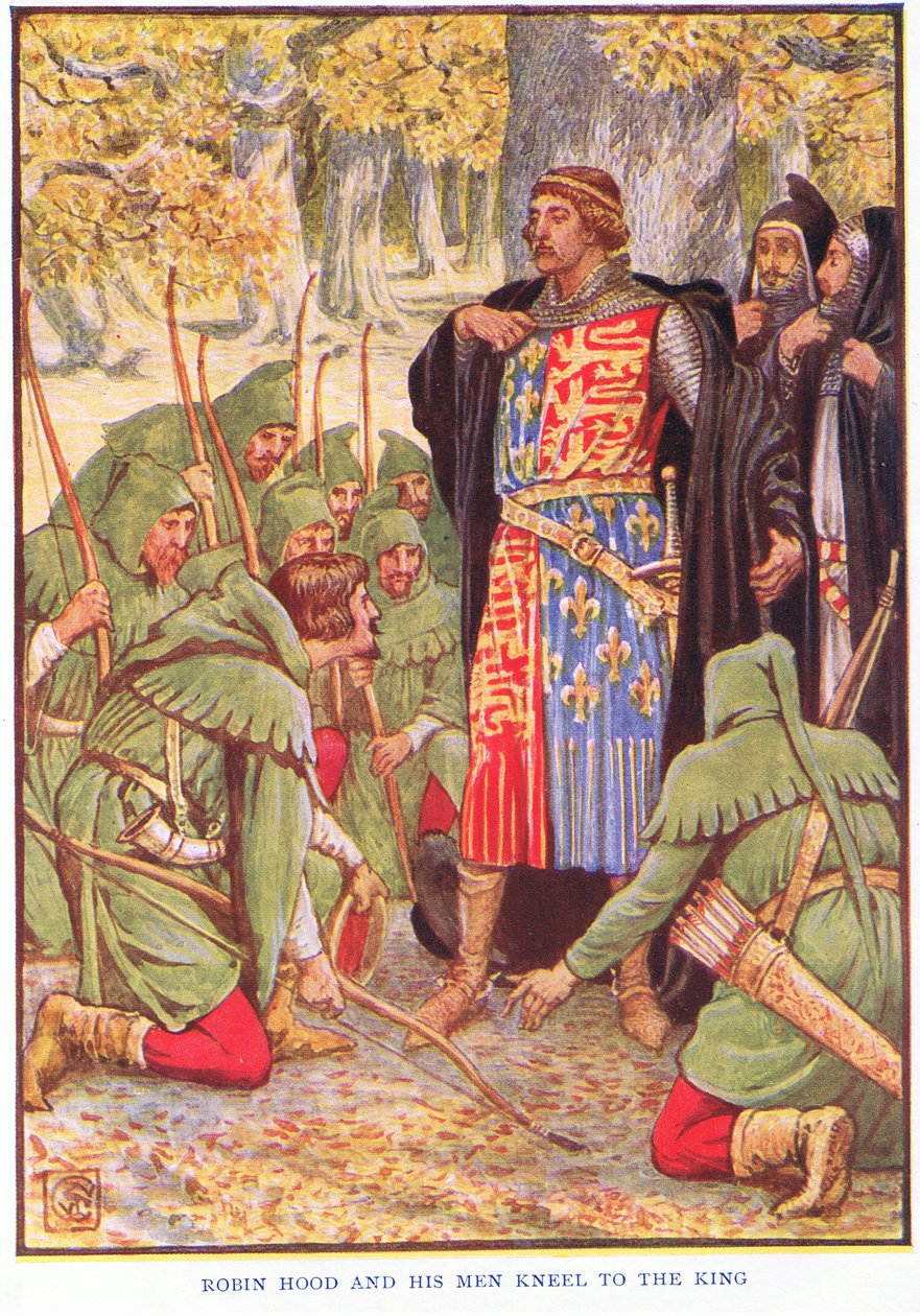 Robin i jego ludzie klękają przed królem, ok. 1920 r. autorstwa Walter Crane