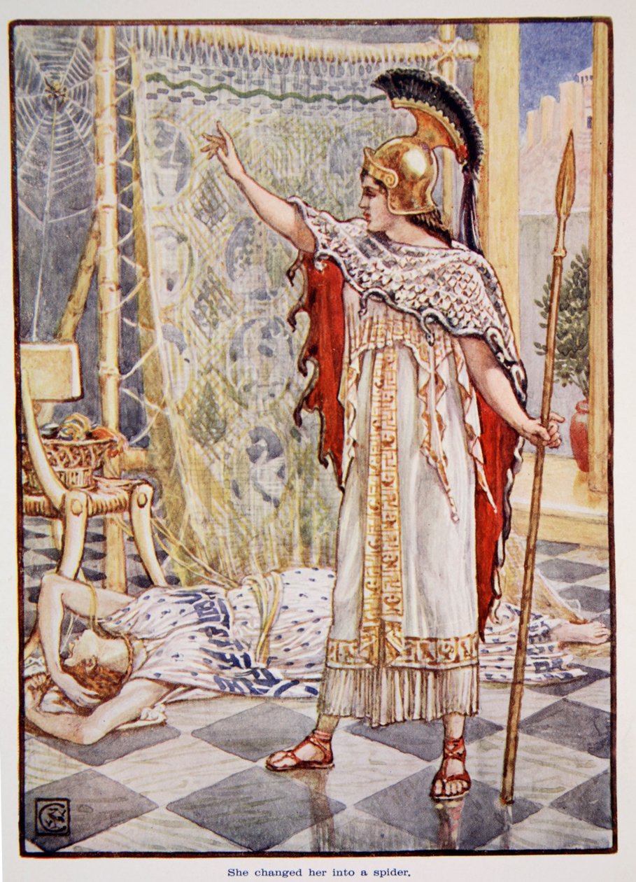 Zamieniła ją w pająka, ilustracja z „Historii Grecji” Mary Macgregor, wydanie 1, 1913 (druk kolorowy) autorstwa Walter Crane