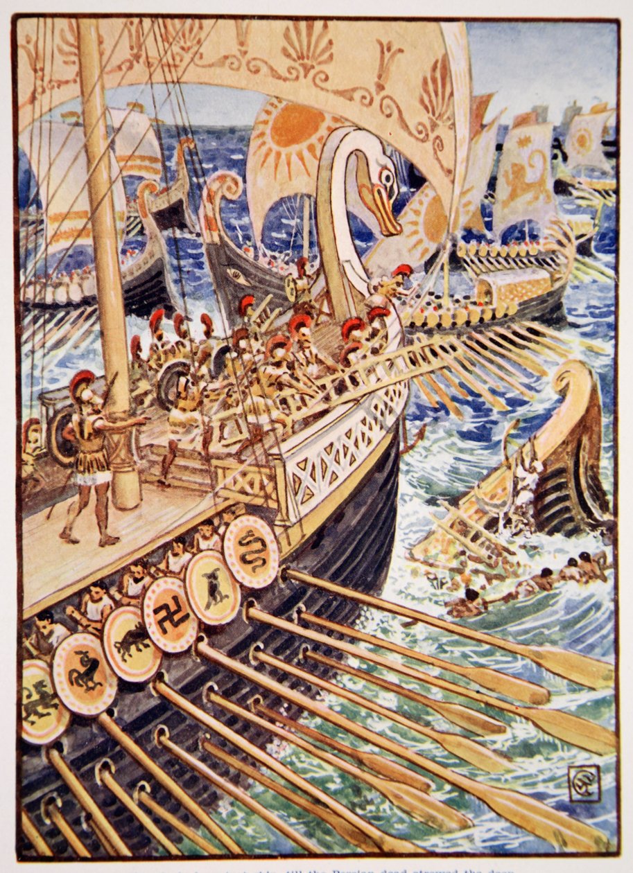 Statek rzucił się na statek, aż zmarli perscy posypali głębokie „podobne kwiaty”, ilustracja z „Historii Grecji” Mary Macgregor, wydanie 1, 1913 (druk kolorowy) autorstwa Walter Crane