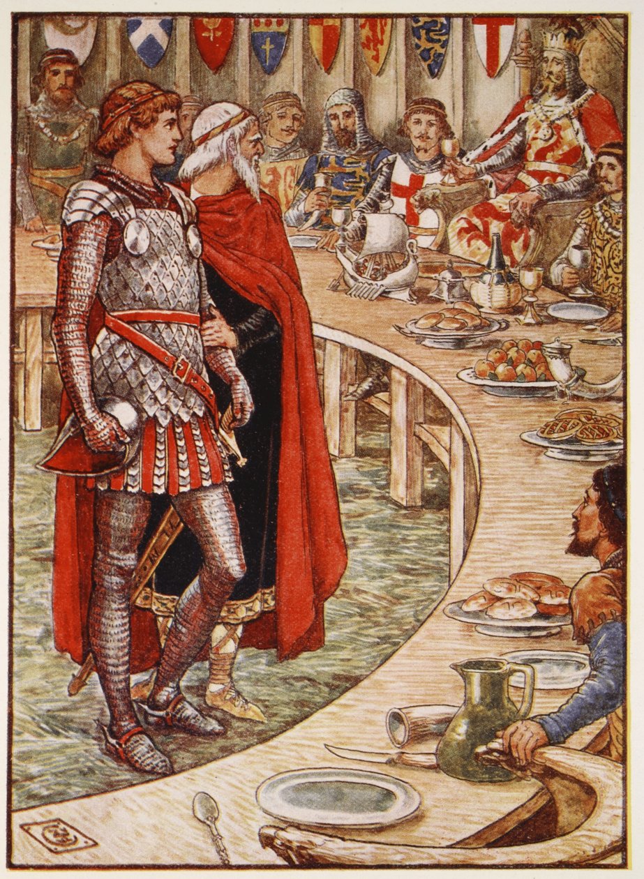 Sir Galahad zostaje doprowadzony na dwór króla Artura, z „Opowieści rycerzy Okrągłego Stołu” Henry