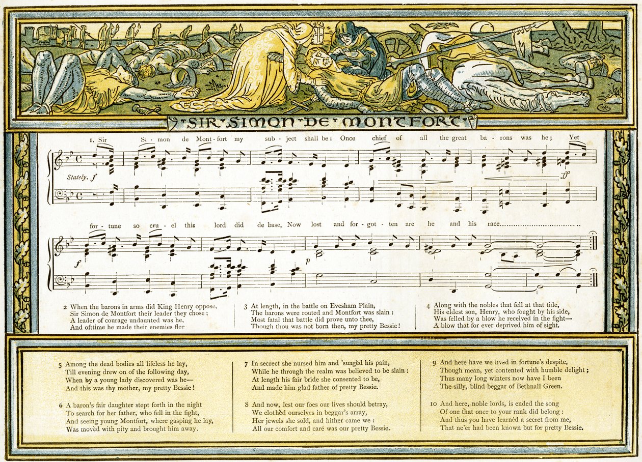 „Sir Simon de Montfort”, ilustracja do pieśni z „Pan-Pipes”, Księga starych pieśni w nowej aranżacji iz akompaniamentami Theo. Marzials, wydana w Londynie przez George