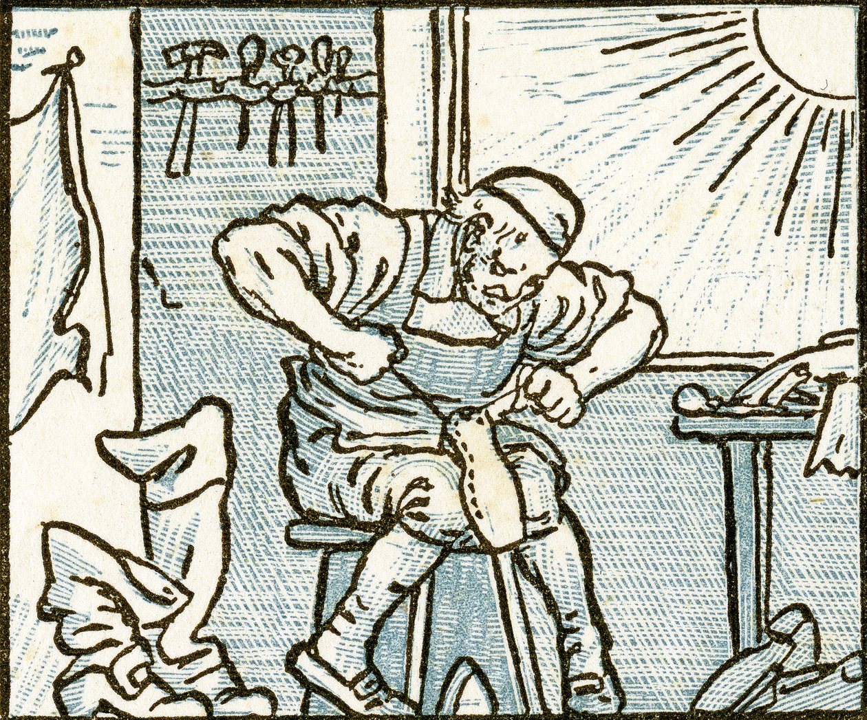 Szewc, ilustracja do piosenki „Kto żyje tak wesoło w całej tej krainie”, z „Pan-Pipes”, Księgi starych pieśni w nowej aranżacji iz akompaniamentem Theo. Marzials, wydane w Londynie przez Geor autorstwa Walter Crane