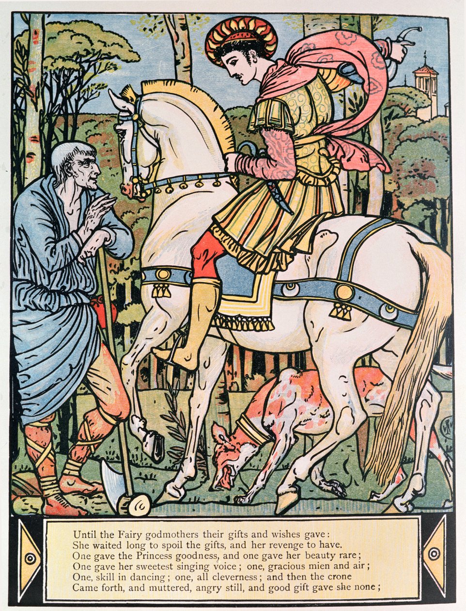 Książę doradzający chłopa, ilustracja do „Śpiącej królewny” Charlesa Perraulta (1628-1703) (kolorystyka) autorstwa Walter Crane