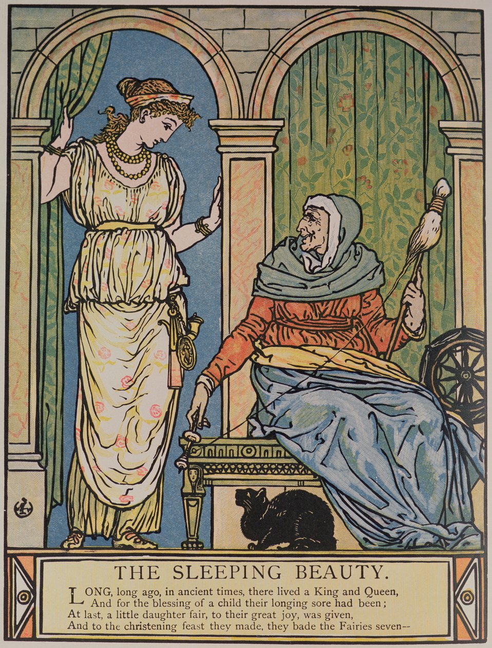 Księżniczka i staruszka z kołowrotkiem, ilustracja do „Śpiącej królewny” Charlesa Perraulta (1628-1703) (kolorystyka) autorstwa Walter Crane