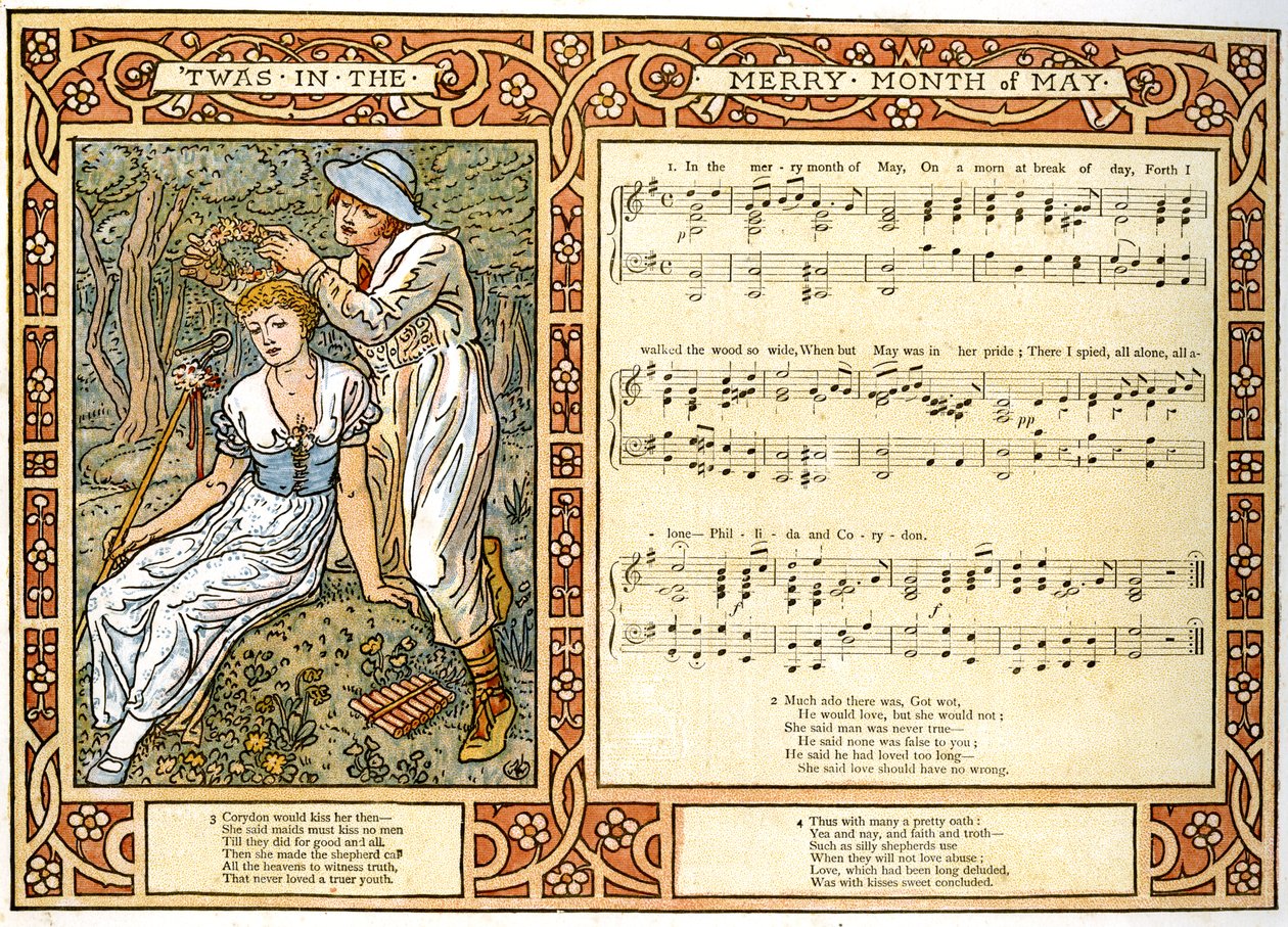 „Twas in the Merry Month of May”, Corydon kładzie wieniec kwiatów na głowie Phillidy, ilustracja do piosenki z „Pan-Pipes”, A Book of Old Songs, Newly Aranżacje iz akompaniamentami Theo. autorstwa Walter Crane