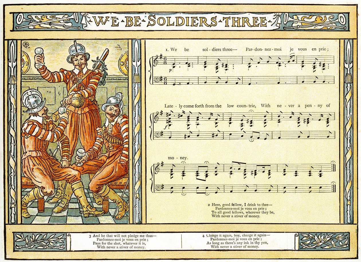 „We Be Soldiers Three”, ilustracja do piosenki z „Pan-Pipes”, Księgi starych pieśni w nowej aranżacji iz akompaniamentami Theo. Marzials, wydana w Londynie przez George