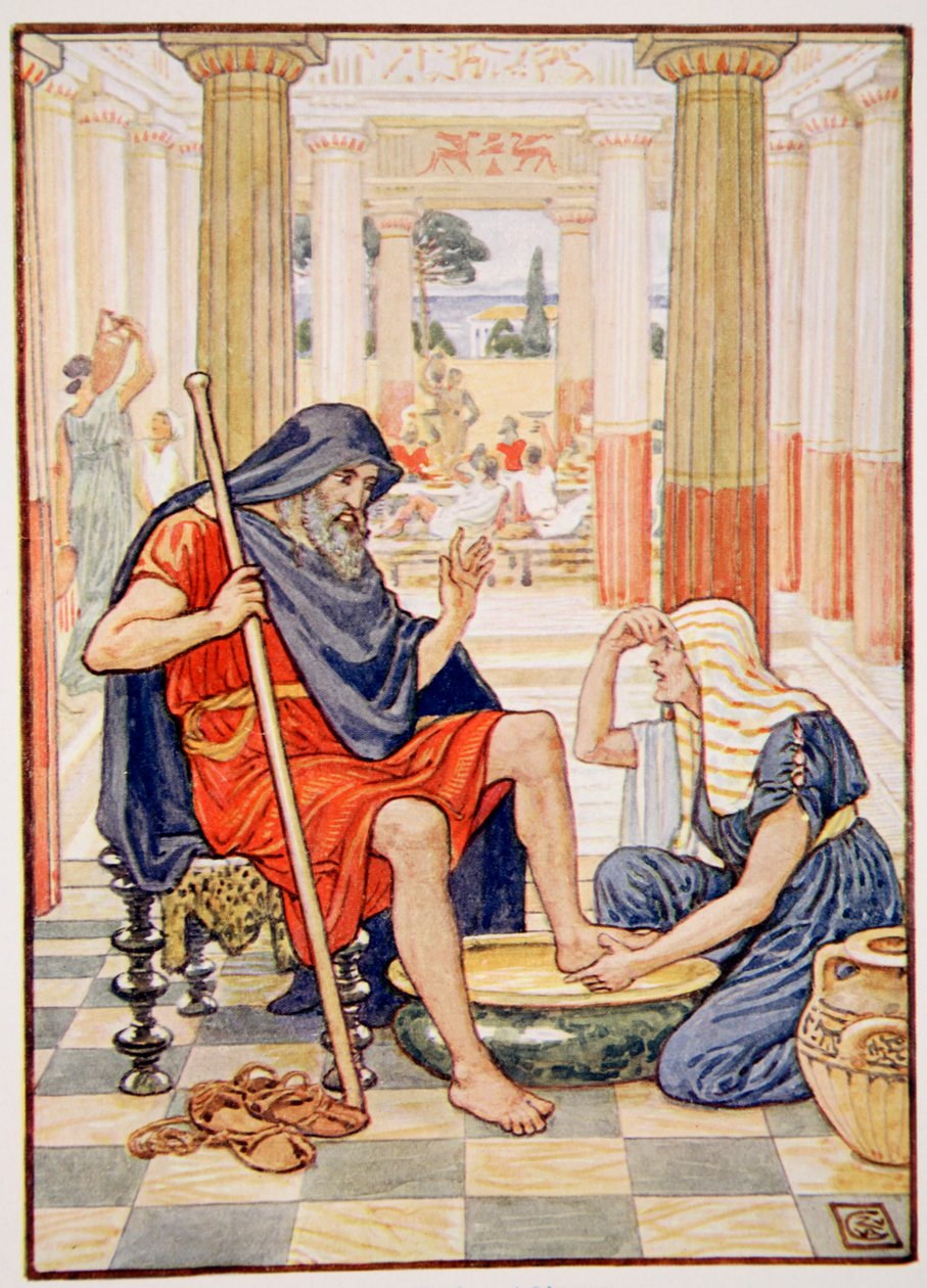 „Tak, zaprawdę jesteś Odyseuszem”, ilustracja z „Historii Grecji” Mary Macgregor, wydanie 1, 1913 (druk kolorowy) autorstwa Walter Crane