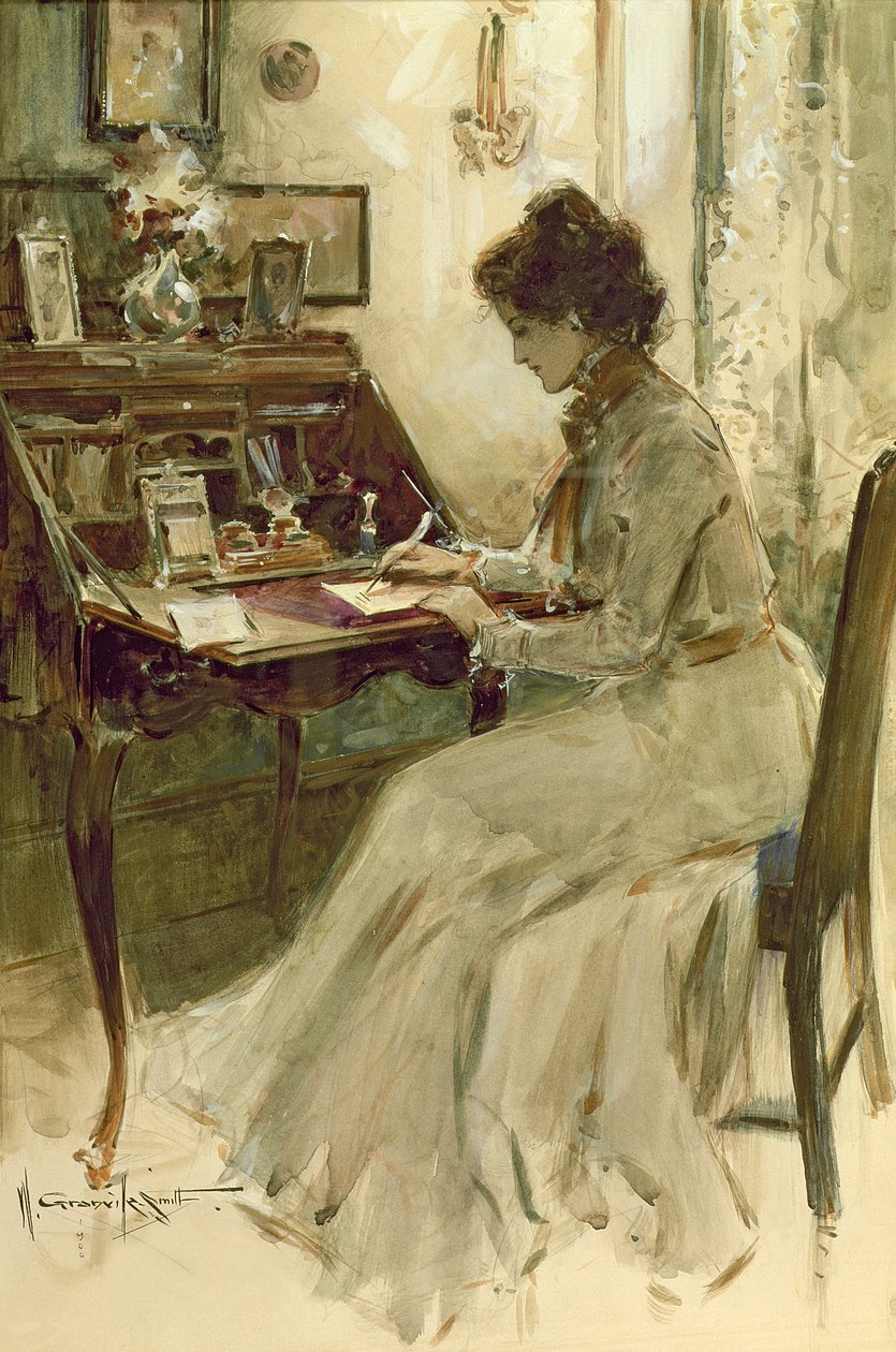 Pisanie listu, 1900 (wc na tablicy ilustracyjnej) autorstwa Walter Granville Smith