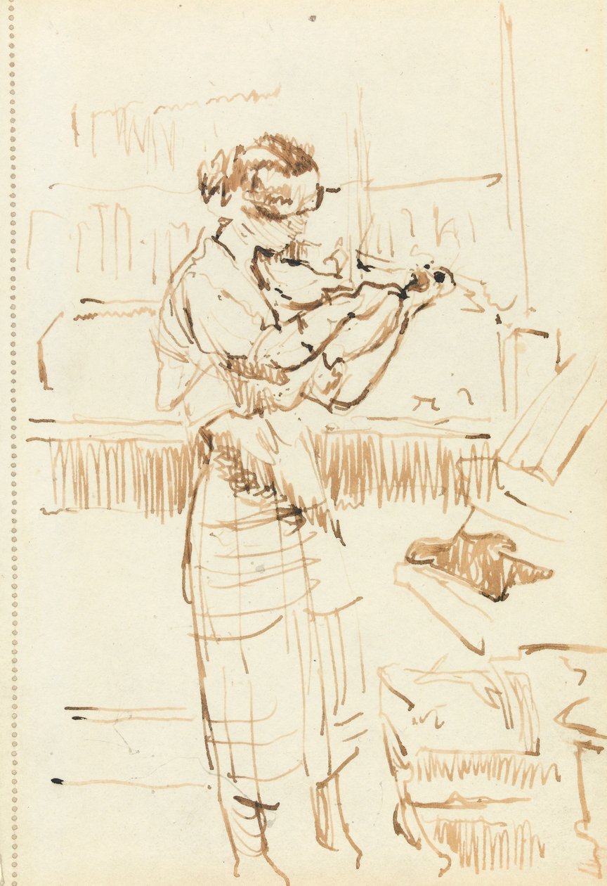 Dziewczyna gra na skrzypcach (pióro i brązowy atrament na papierze) autorstwa Walter Richard Sickert