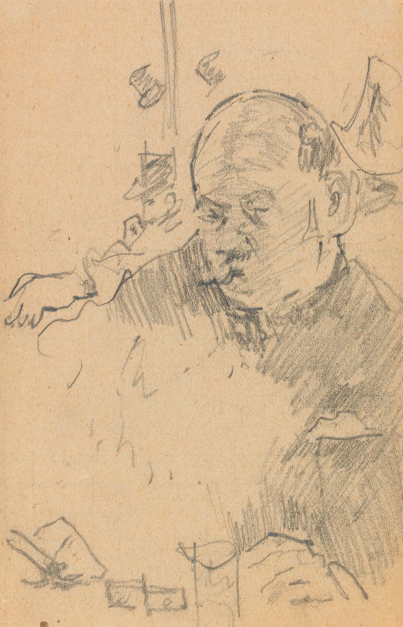 Wąsaty mężczyzna siedzący, pijący w barze z dwoma innymi mężczyznami w kapeluszach (grafit na papierze) autorstwa Walter Richard Sickert