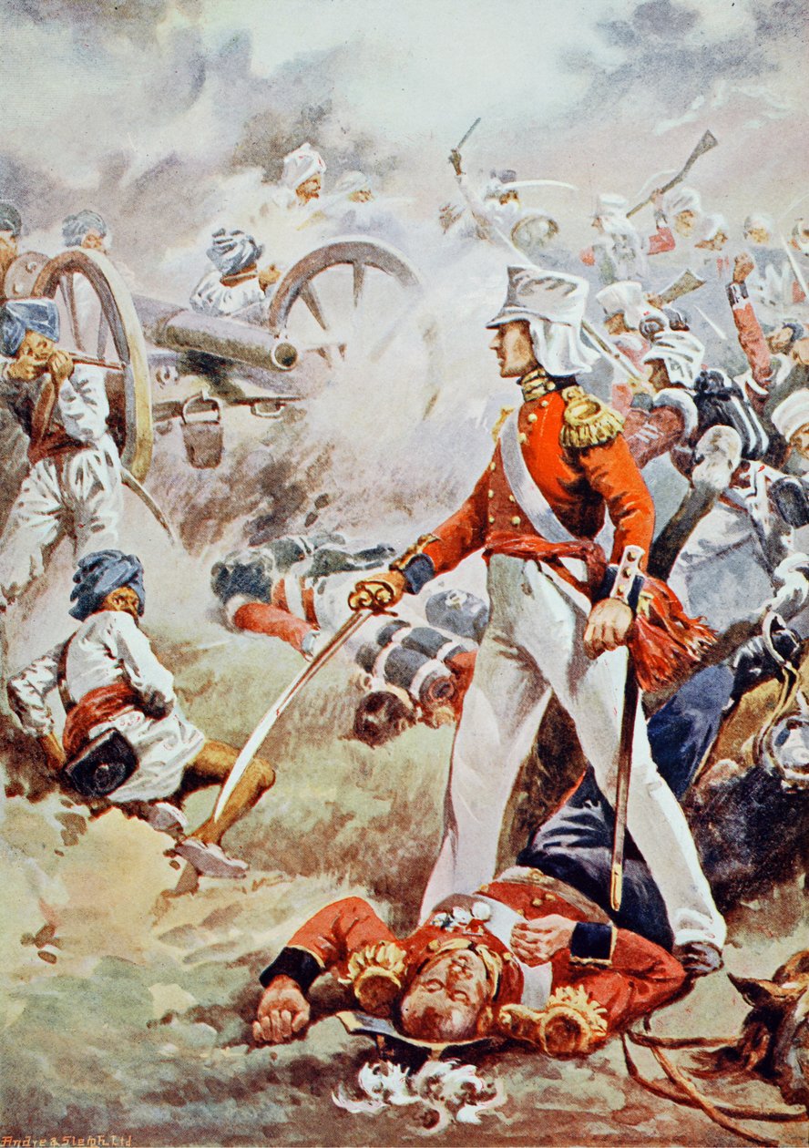 Pennycuick został zabity: jego dzielny syn, zwykły chłopak, skoczył do przodu i zderzył się z ciałem ojca, ilustracja z „Battles of the Nineteenth Century” Archibalda Forbesa, G.A. Henty i Major Arthu autorstwa Walter Stanley Paget