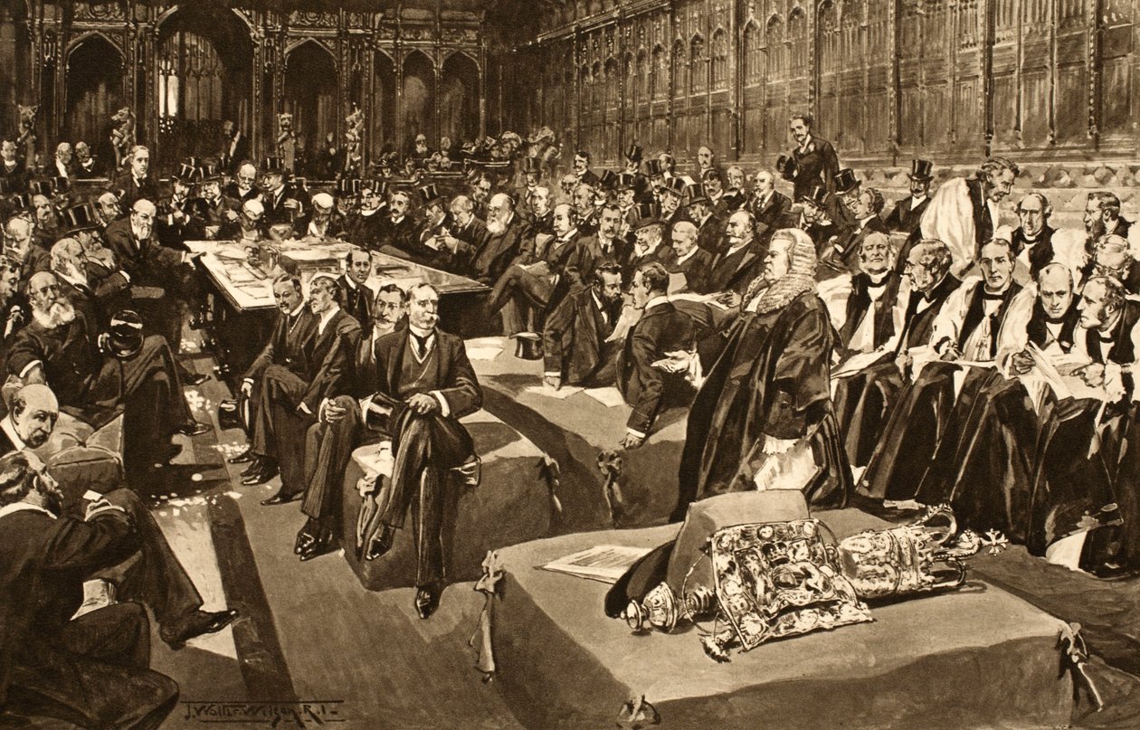 Przysięga koronacyjna - Pierwszy Parlament króla Edwarda VII, z „The Illustrated London News”, 1902 autorstwa Thomas Walter Wilson