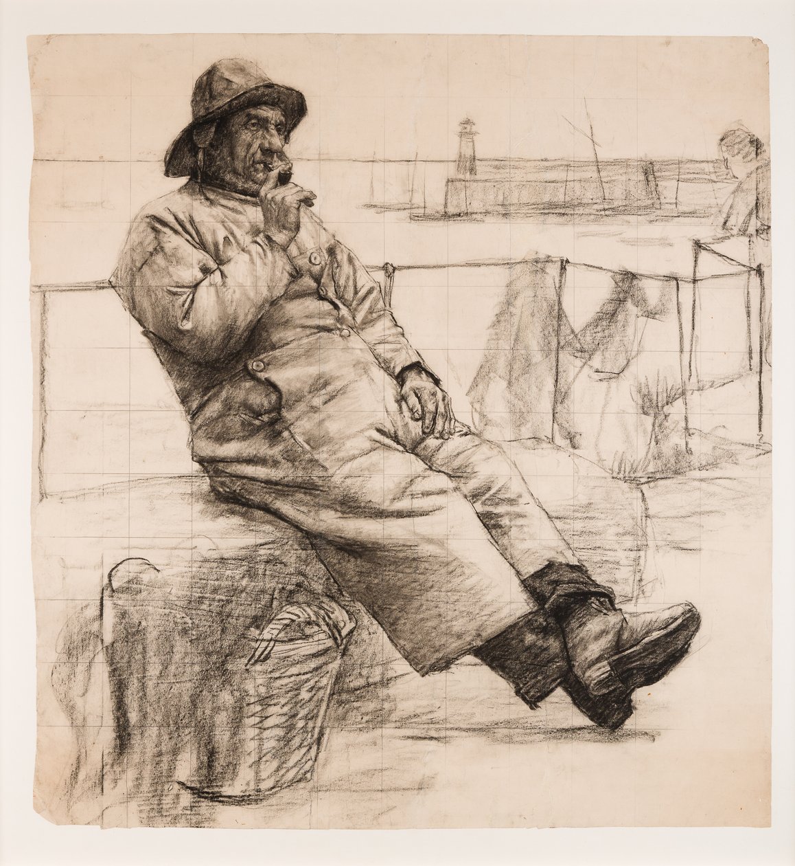 Rybak palący fajkę (węgiel na papierze) autorstwa Walter Langley