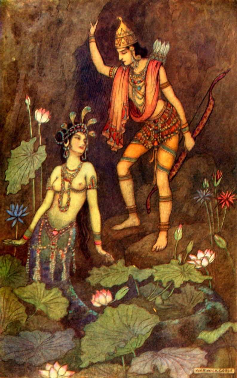 „Arjuna i nimfa rzeczna”, 1913. autorstwa Warwick Goble