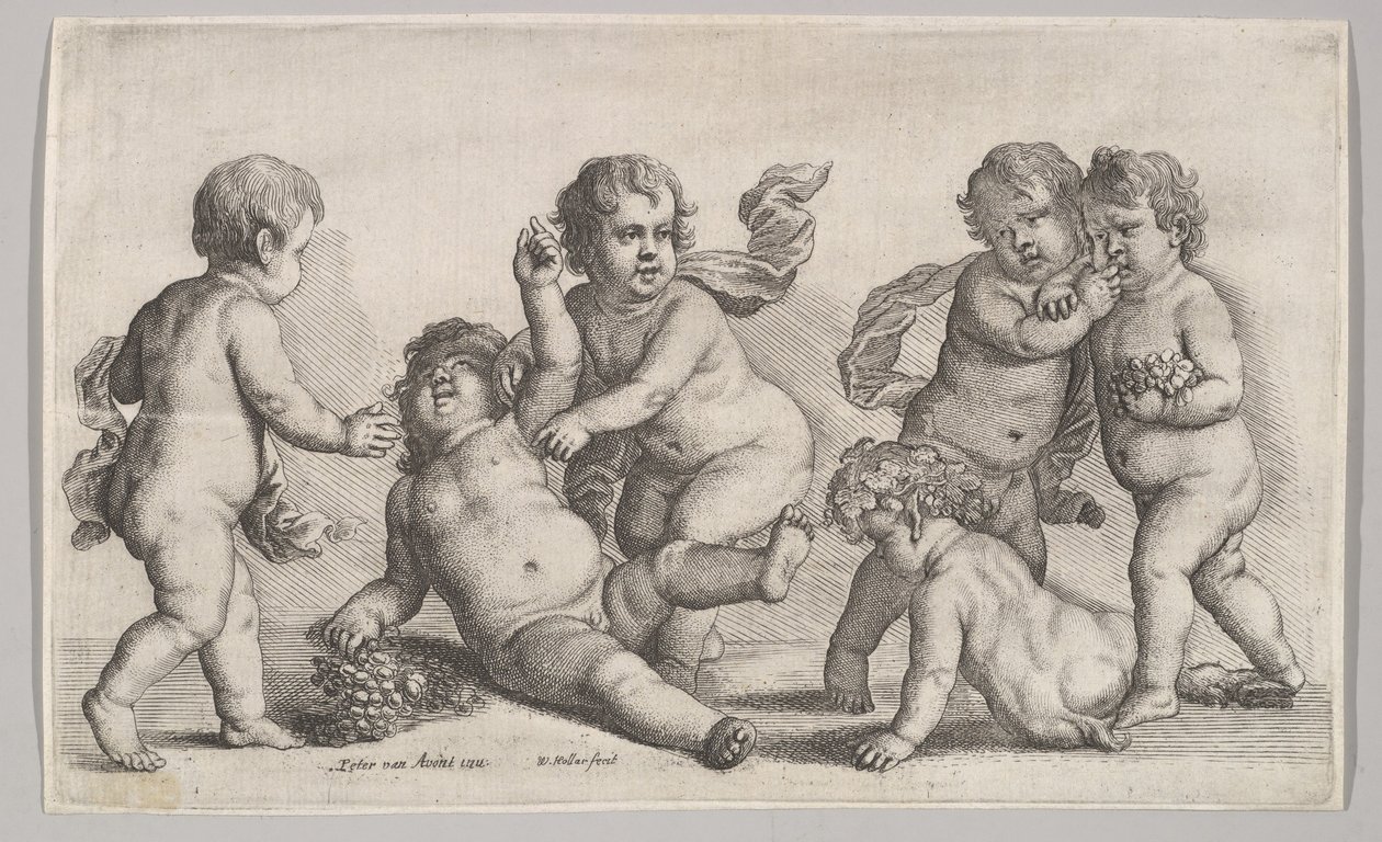 Pięciu chłopców i satyr, 1625-77. autorstwa Wenceslaus Hollar