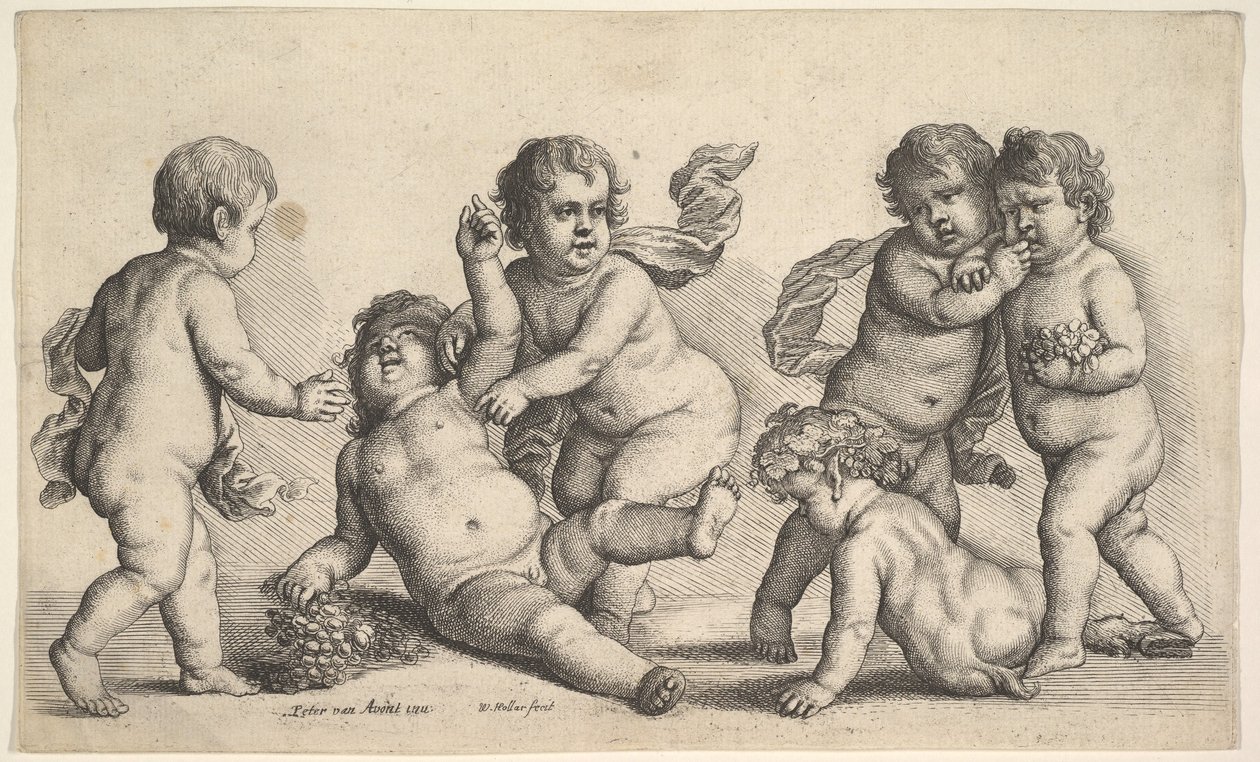 Pięciu chłopców i satyr, 1646 r. autorstwa Wenceslaus Hollar