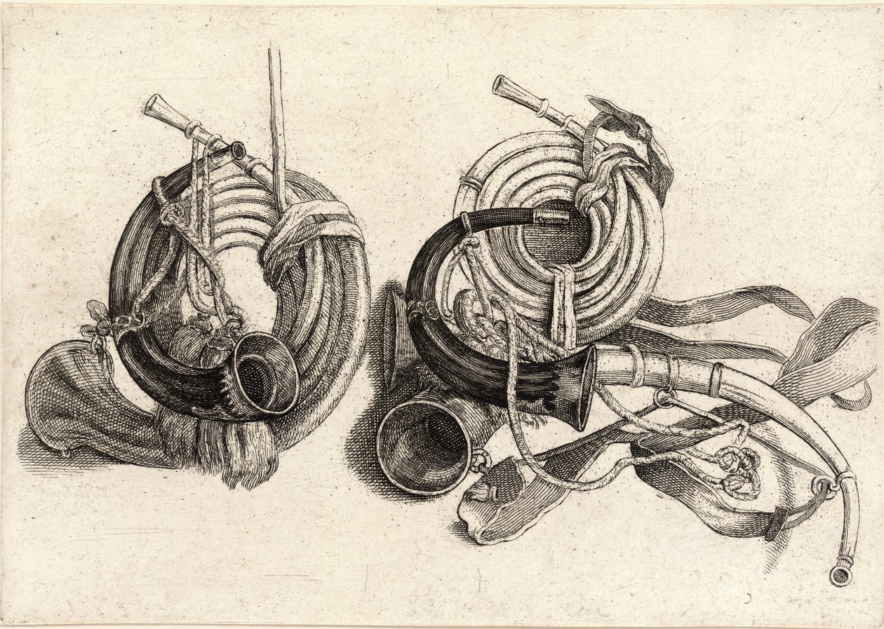 Pięć rogów myśliwskich autorstwa Wenceslaus Hollar