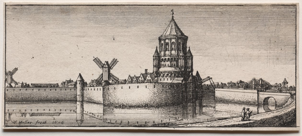 Brama miejska z fosą, 1676 r. autorstwa Wenceslaus Hollar