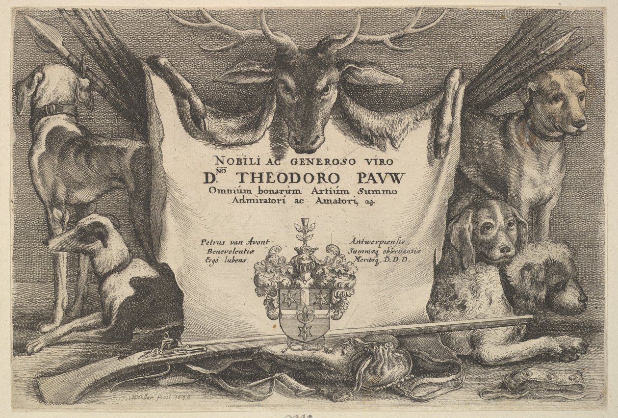 Strona tytułowa z psami i sprzętem myśliwskim, 1646. autorstwa Wenceslaus Hollar