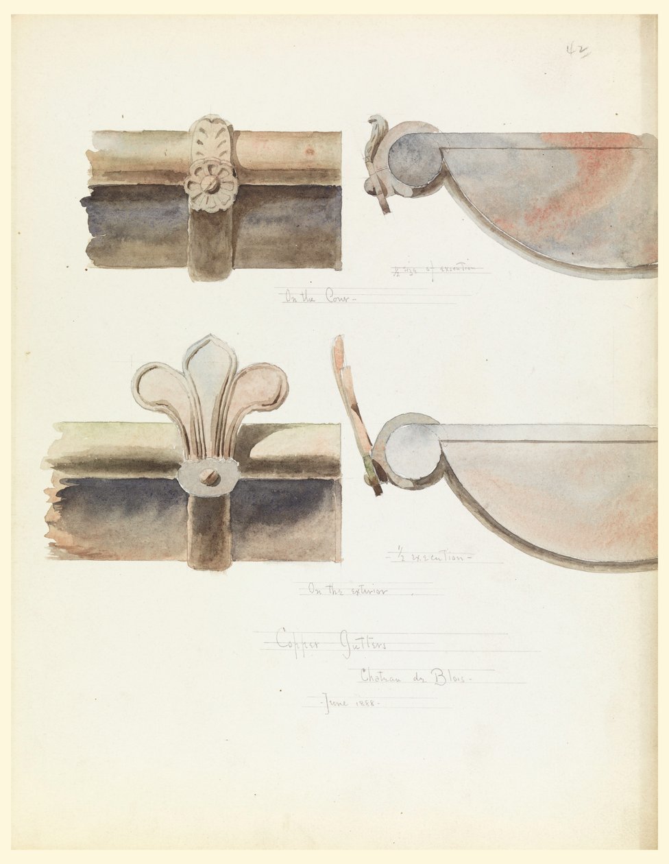 Rysunek, Dwie miedziane rynny, z XVI-wiecznego zamku, Blois, Francja, czerwiec 1888 autorstwa Whitney Warren Jr.