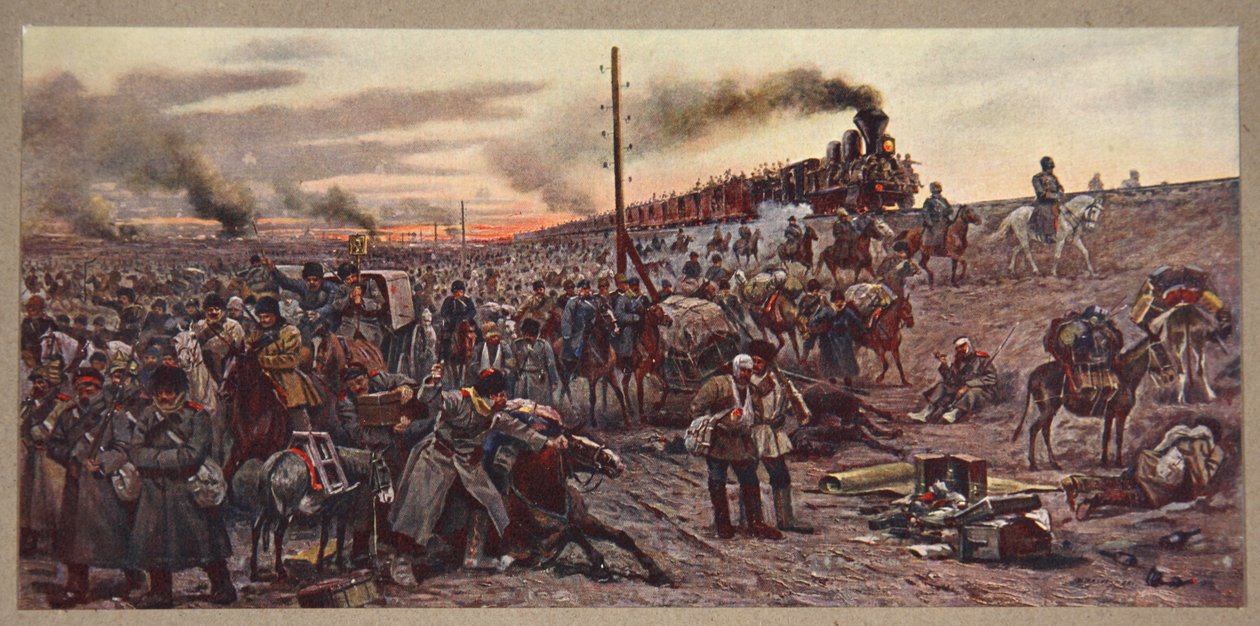 Po bitwie pod Moukden, w drodze do Theline, ilustracja z "Mandżuria: obrazy z wojny rosyjsko-japońskiej", pod redakcją A. Martynoffa, Sankt Petersburg, 1907 r. autorstwa Wiktor Mazourowsky