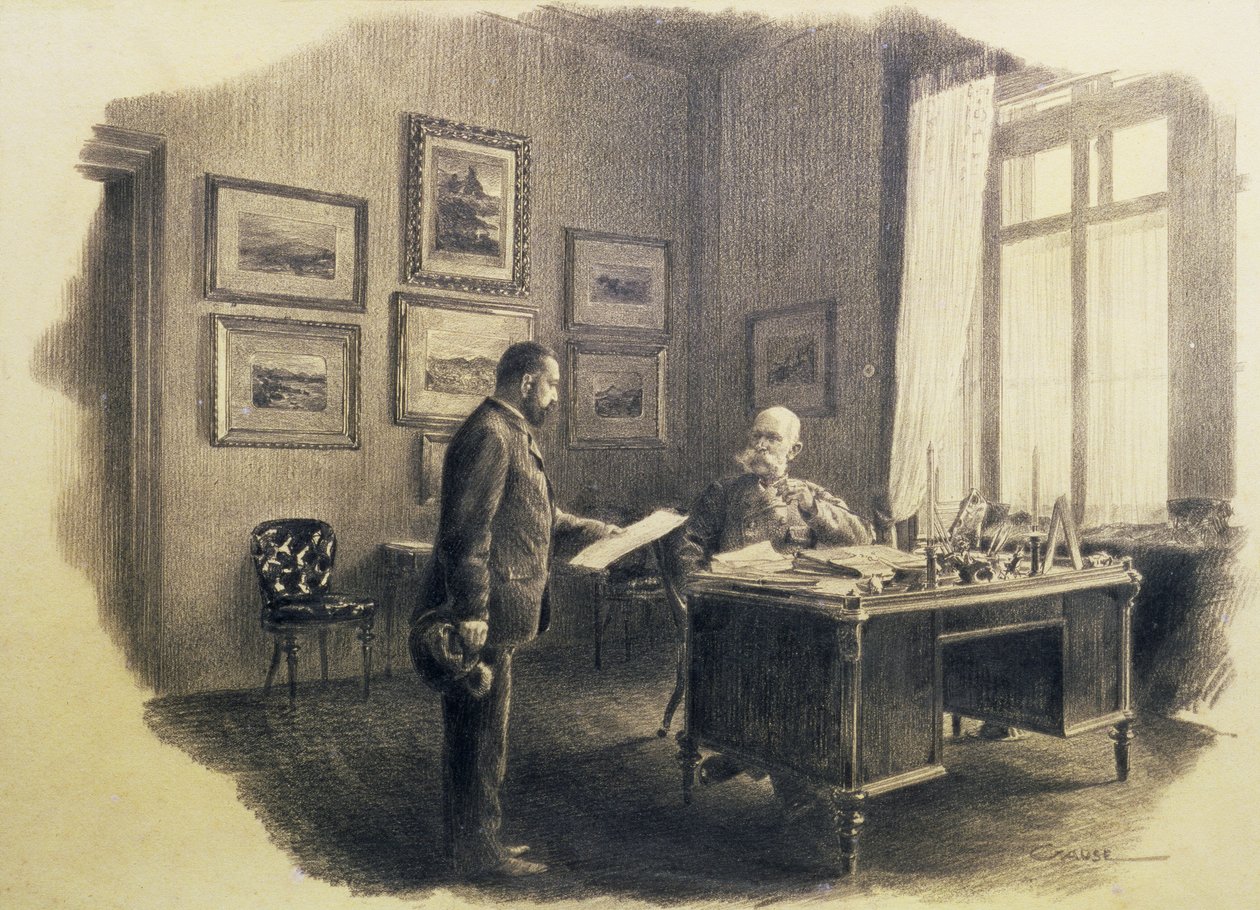 Cesarz Franciszek Józef I Austrii (1830-1916) przy swoim biurku w Jagdrock (ołówek) autorstwa Wilhelm Gause