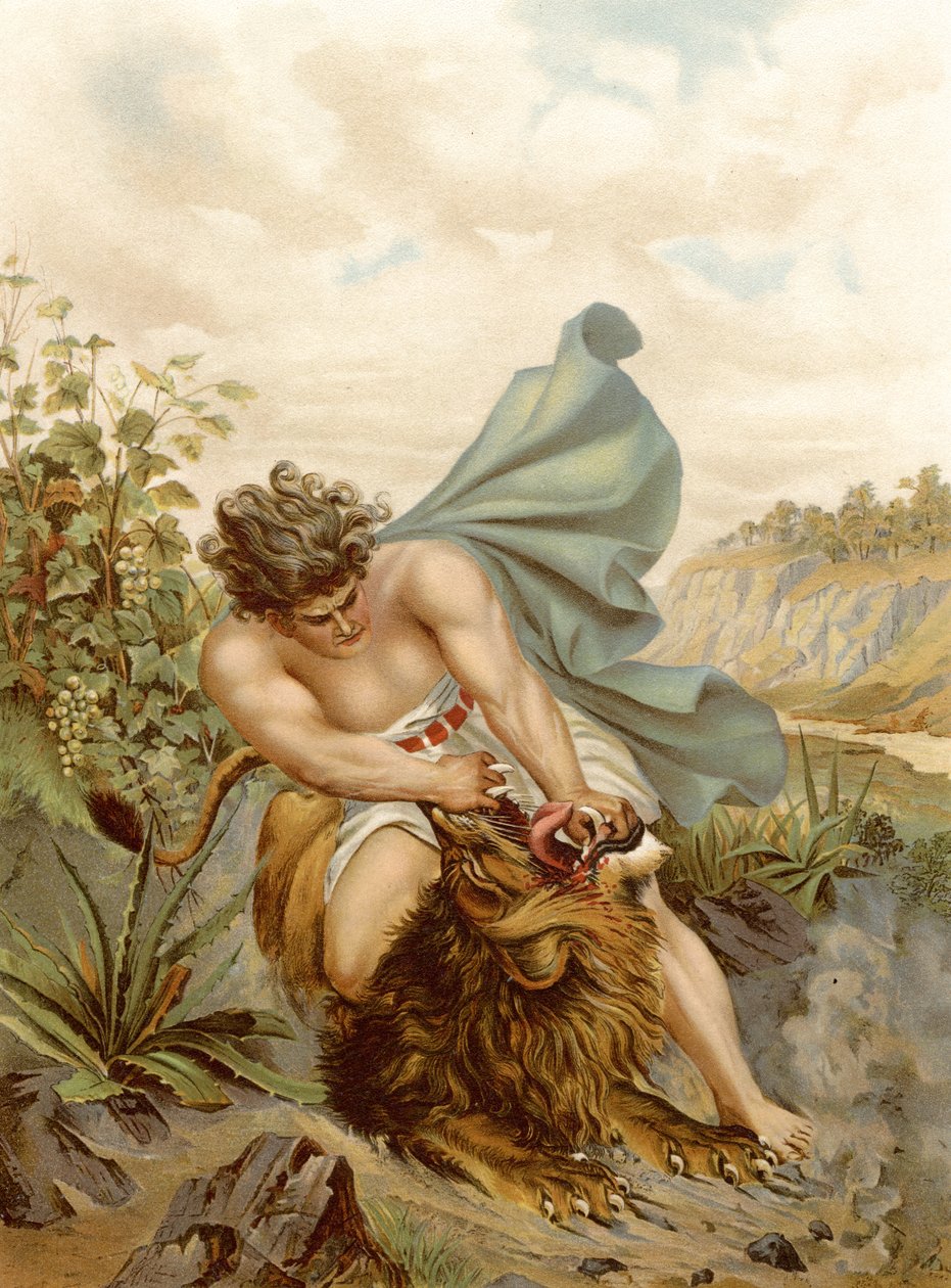 Samson zabija Lwa (kolor lito) autorstwa Wilhelm Ebbinghaus