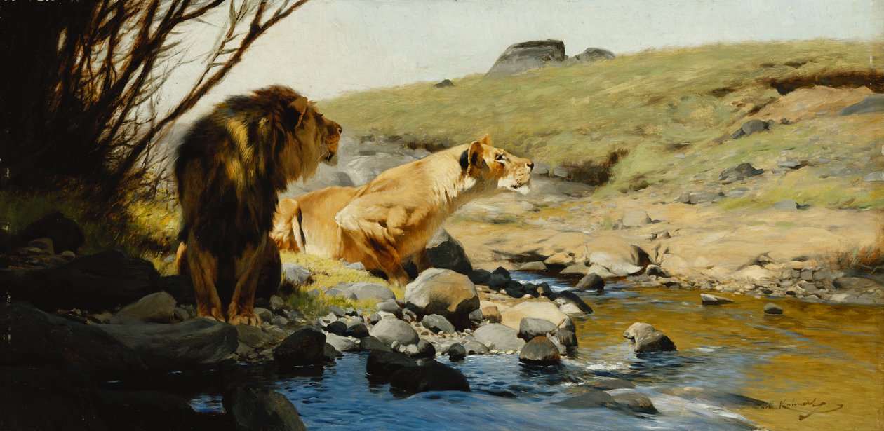 Lew i lwica nad strumieniem, autorstwa Wilhelm Kuhnert