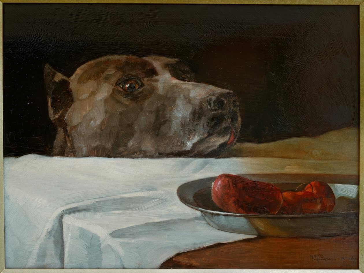 Dog niemiecki z miską na kiełbaski autorstwa Wilhelm Trübner