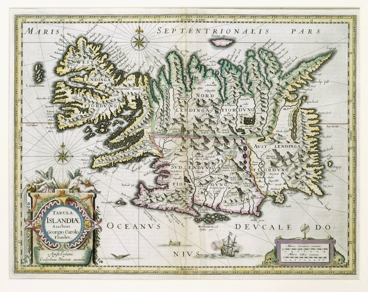 Mapa Islandii (kolorowa grawerunek) autorstwa Willem Janszoon Blaeu