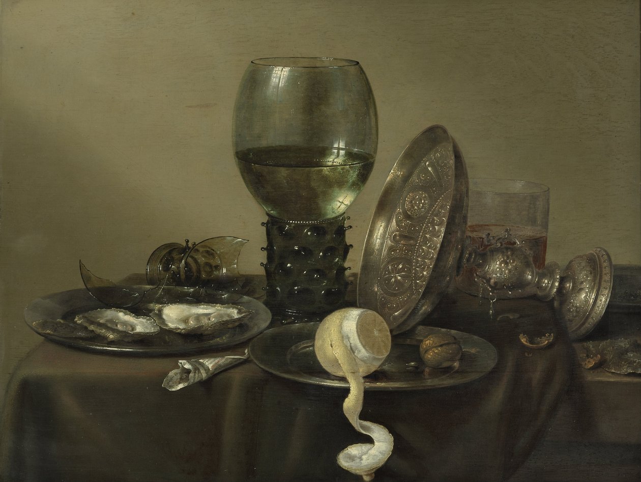 Martwa natura z ostrygami, kieliszkiem, cytryną i srebrną miską autorstwa Willem Claesz. Heda