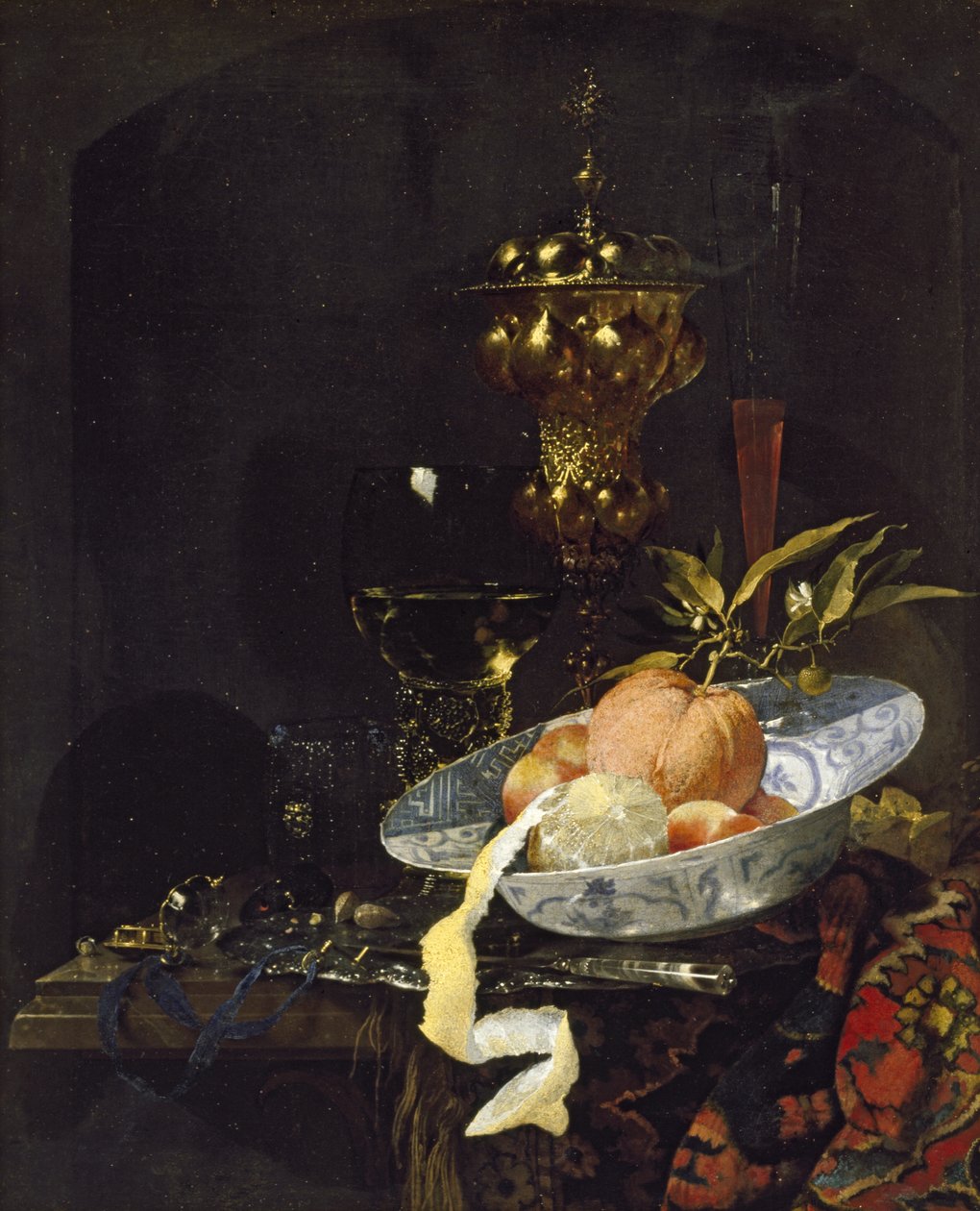 Martwa natura z orientalnym dywanem, początek lat 60. XVI wieku autorstwa Willem Kalf