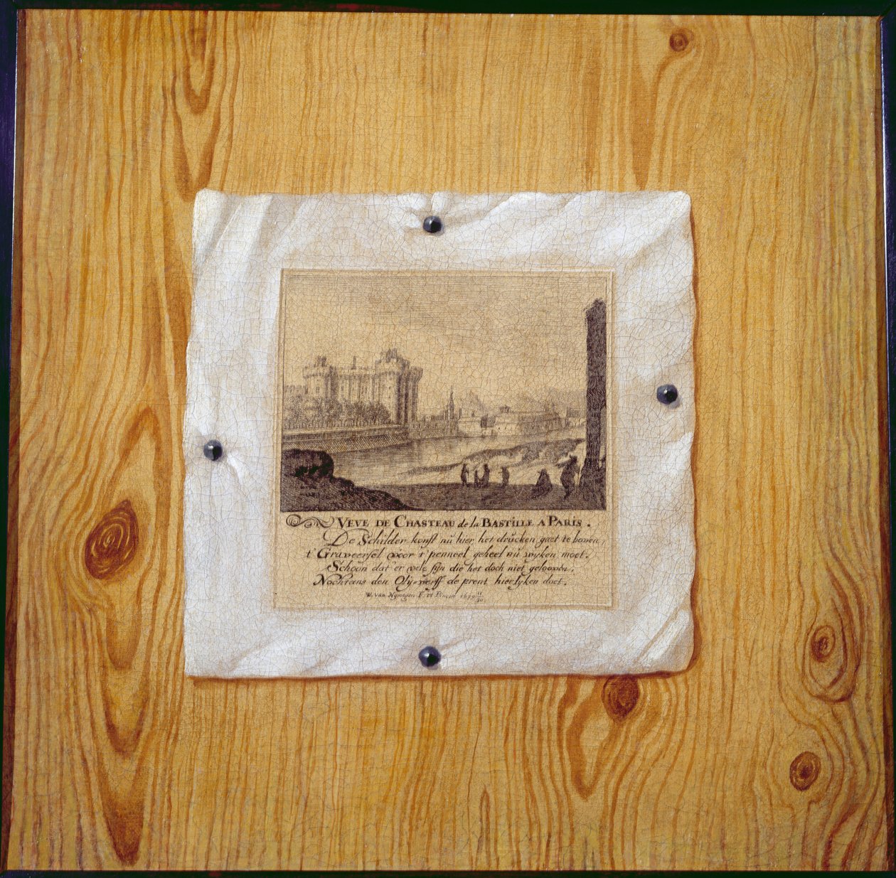 Trompe LOeil z ryciny Bastylii, Paryż, przybitej do drewnianej przegrody 1679 autorstwa Willem van Nijmegen