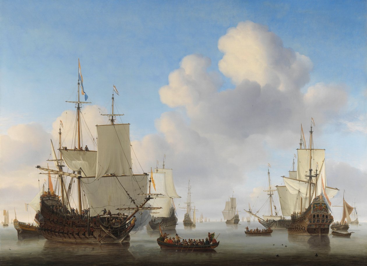 Holenderskie statki na spokojnym morzu, c. 1665 autorstwa Willem van de Velde