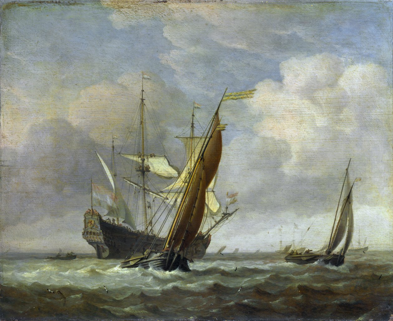 Dwa małe statki i holenderski żołnierz na wietrze autorstwa Willem van de Velde the Younger