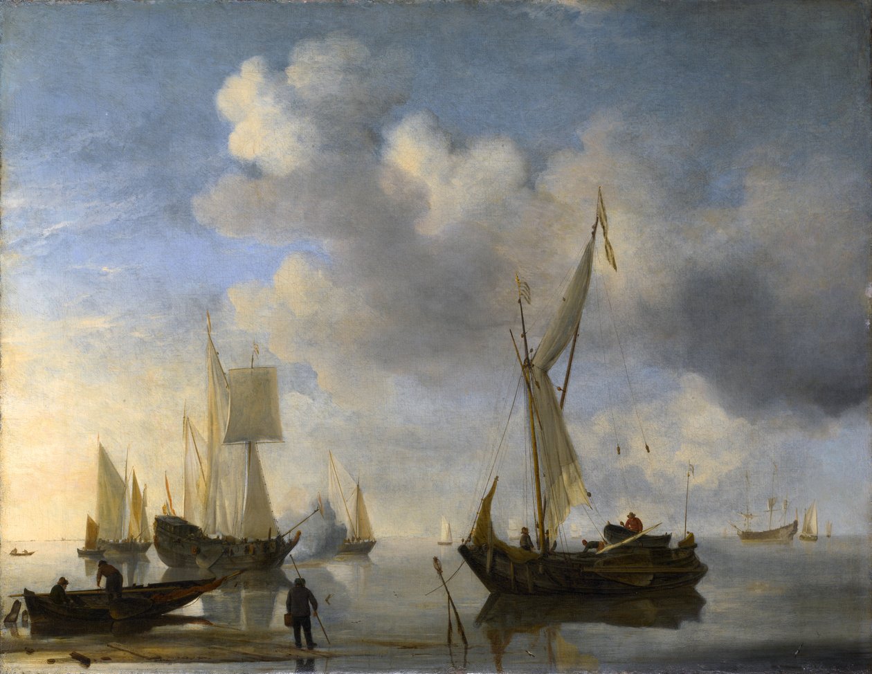 Holenderskie statki leżące przy brzegu w ciszy, jedno pozdrowienie autorstwa Willem van de Velde the Younger