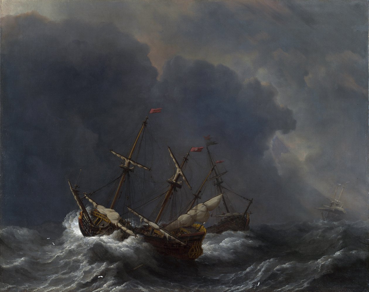 Trzy statki podczas wichury autorstwa Willem van de Velde the Younger