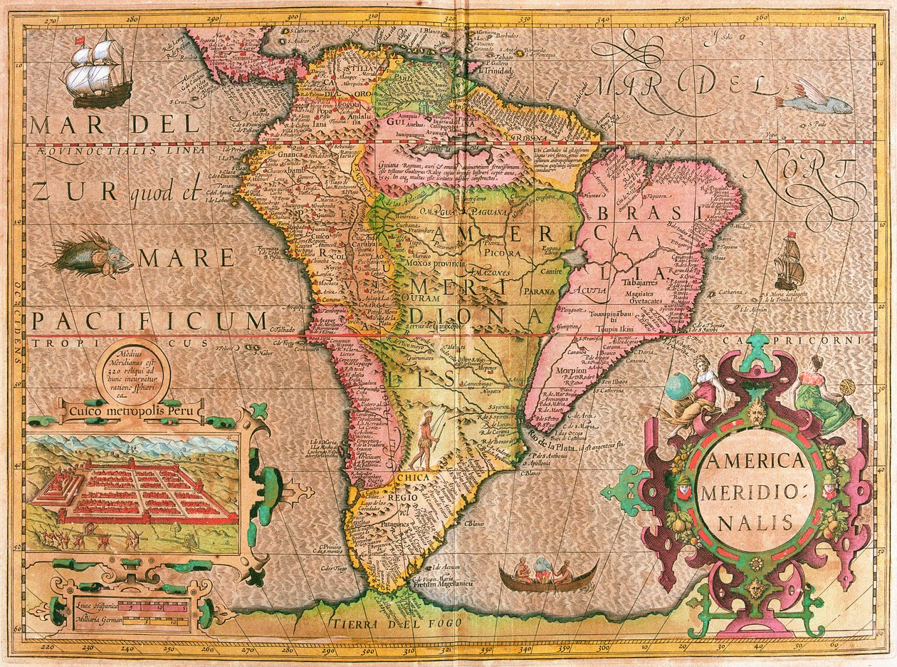 Mapa Ameryki Południowej (grawerowanie autorstwa Willem Blaeu