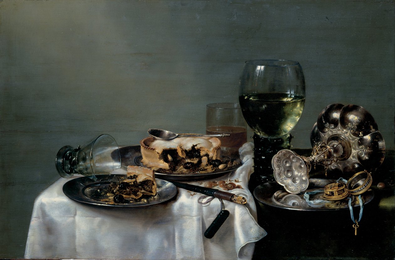 Stół śniadaniowy z ciastem jeżynowym, 1631 autorstwa Willem Claesz. Heda