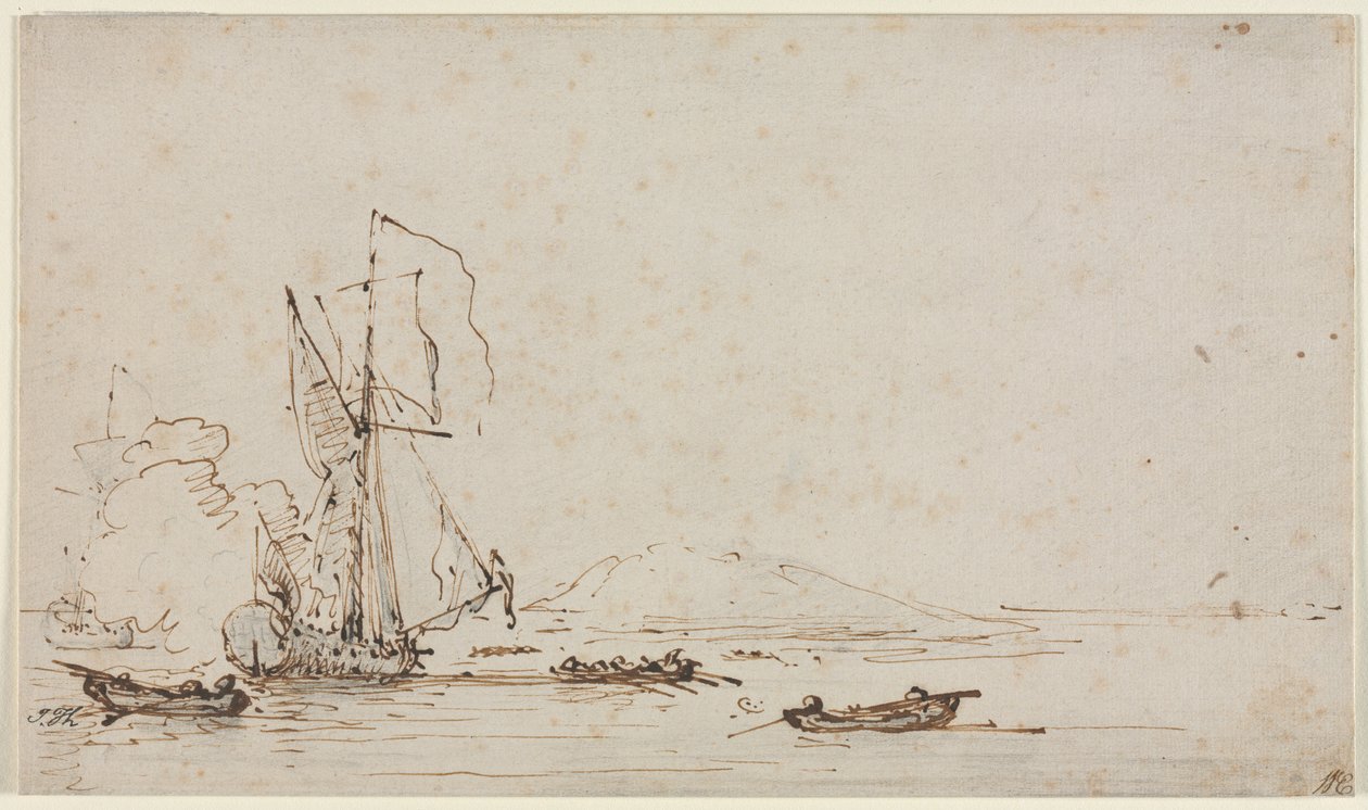 Jacht odbierający salutę, ok. godz. 1700. autorstwa Willem van de Velde