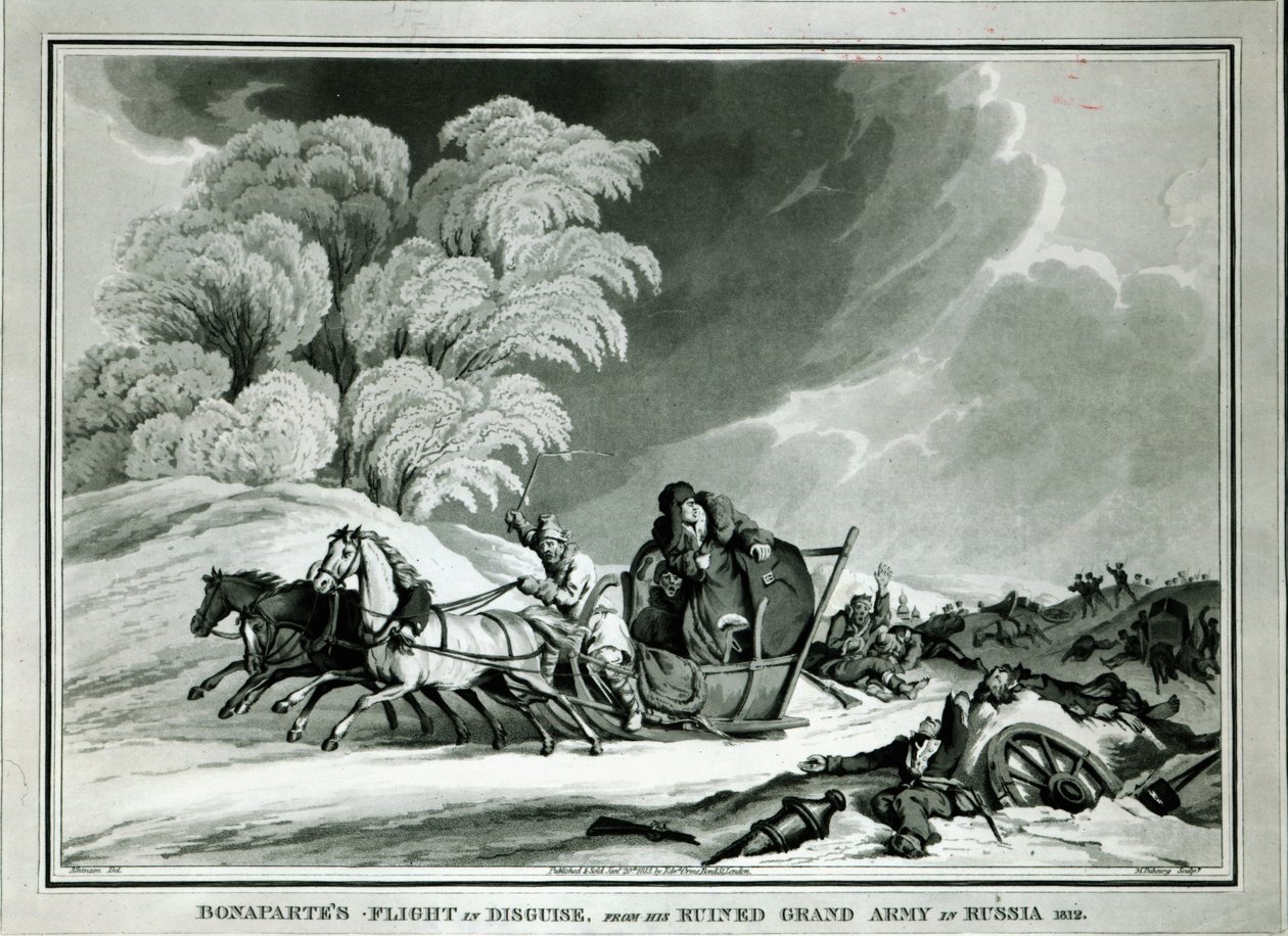 Napoleon w przebraniu podczas odwrotu z Rosji w 1812 roku (akwatinta) autorstwa William Atkinson